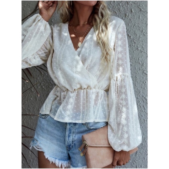 Bellanblue Tops - Bohemian Cream Polka Dot Floral Surplice Peplum Blouse